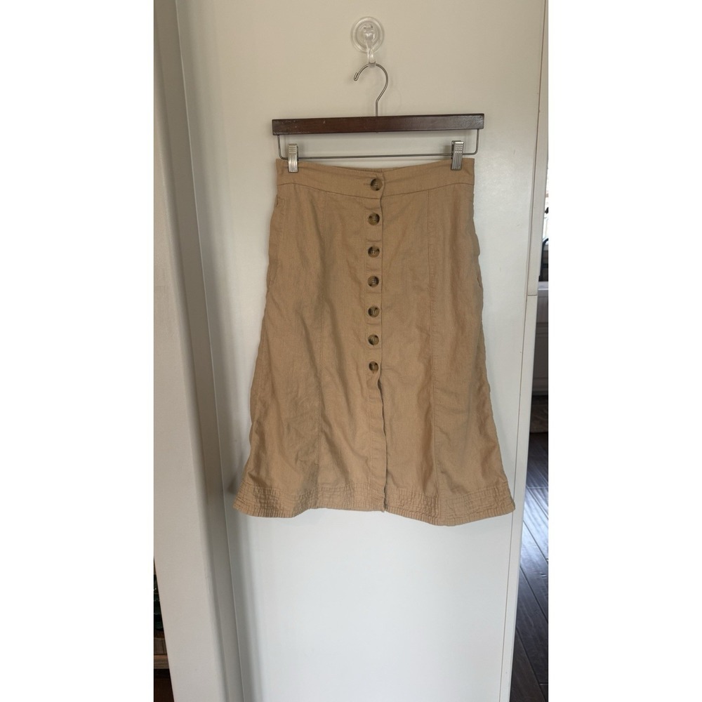 Boho Linen Blend Tan Button Front Midi Small Skirt Granola Classic Casual Beach